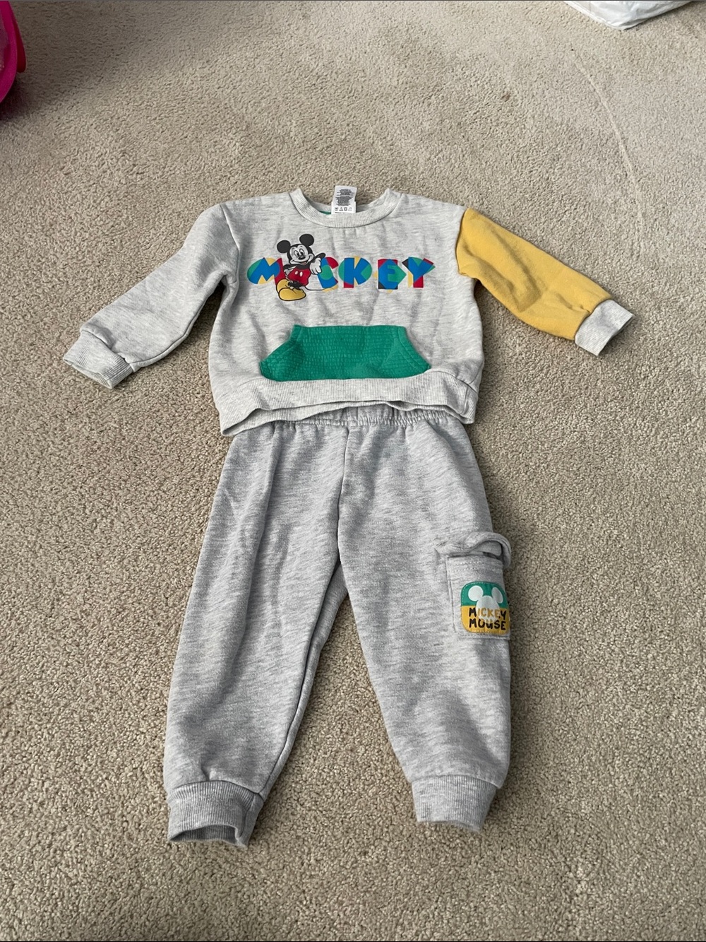 Disney Gray Jogger Set with Yellow Sleeve and Green Pocket Accent